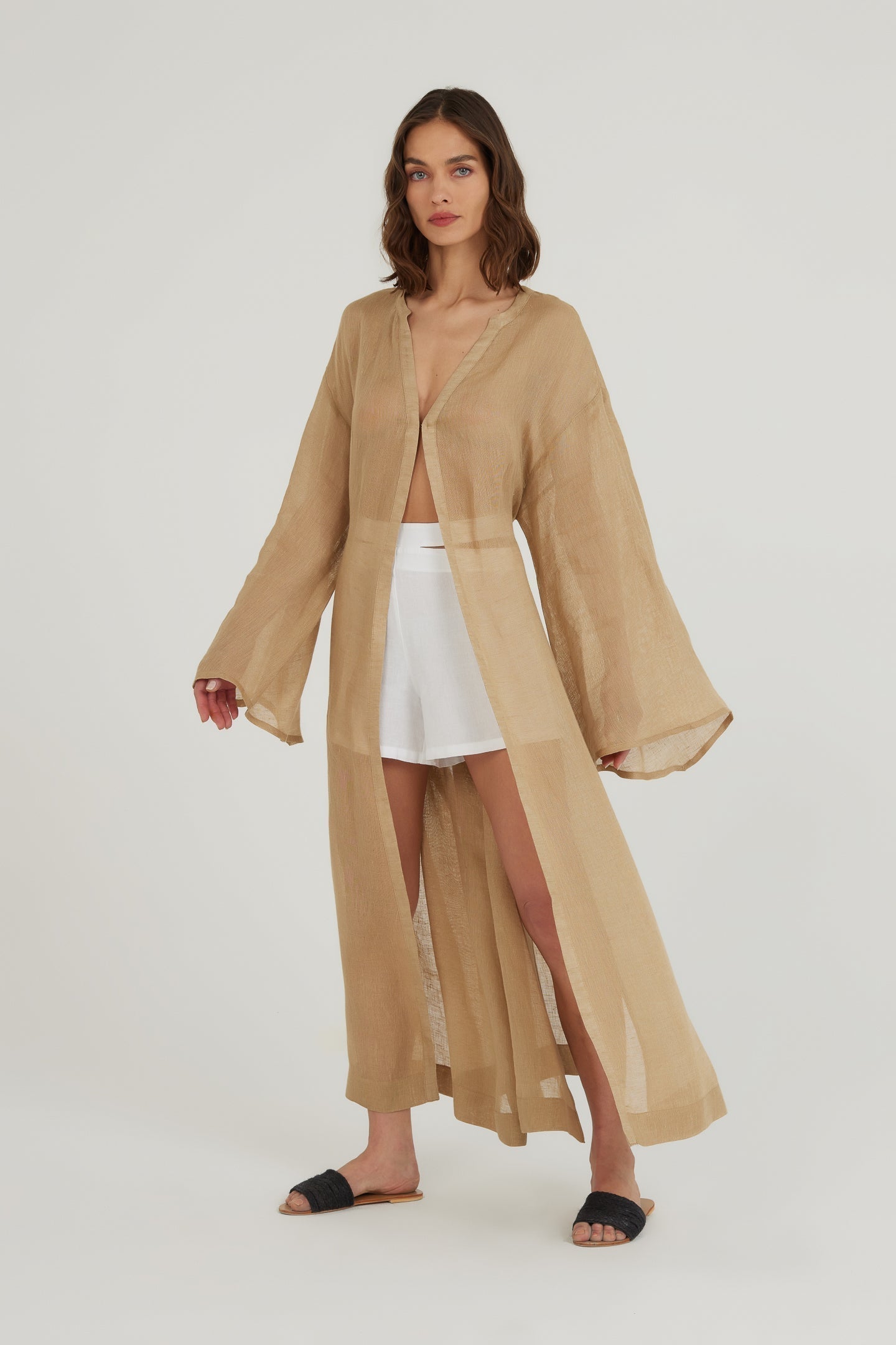 Deep Water Keten Kimono Elbise - Kum Rengi ürün detayı 3 | Dor Raw Luxury