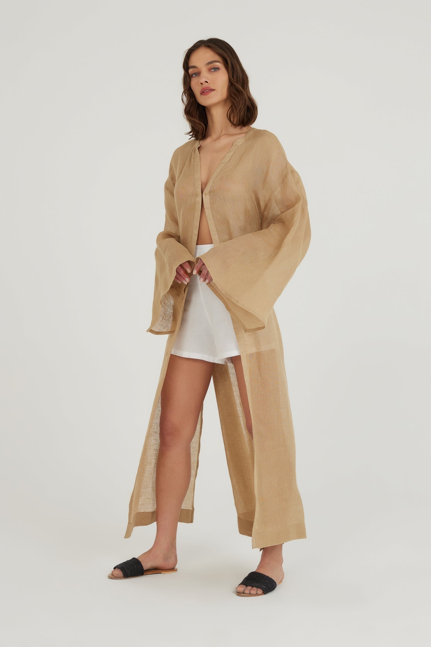 Deep Water Keten Kimono Elbise - Kum Rengi ürün detayı 5 | Dor Raw Luxury