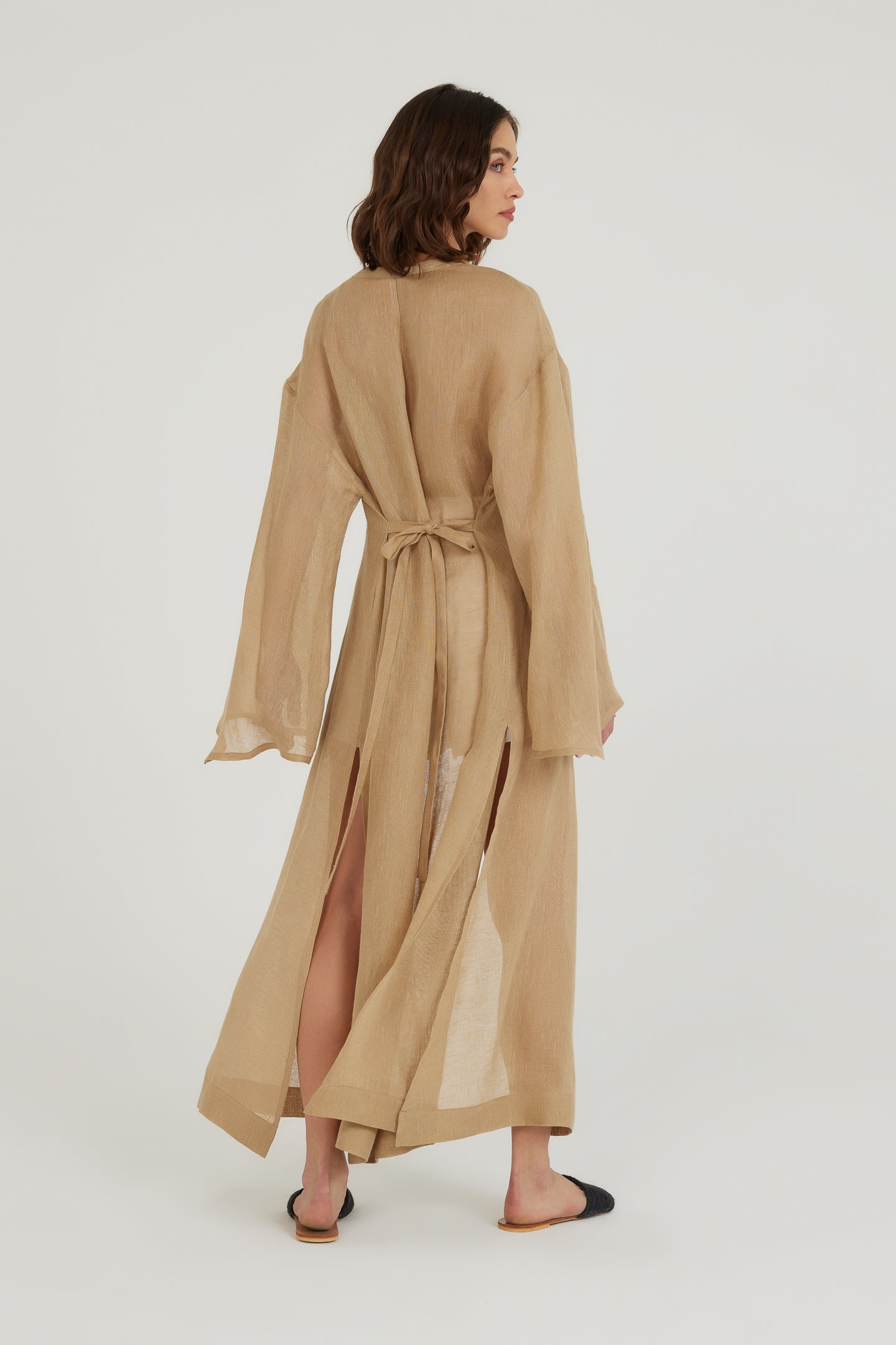 Deep Water Keten Kimono Elbise - Kum Rengi ürün detayı 4 | Dor Raw Luxury